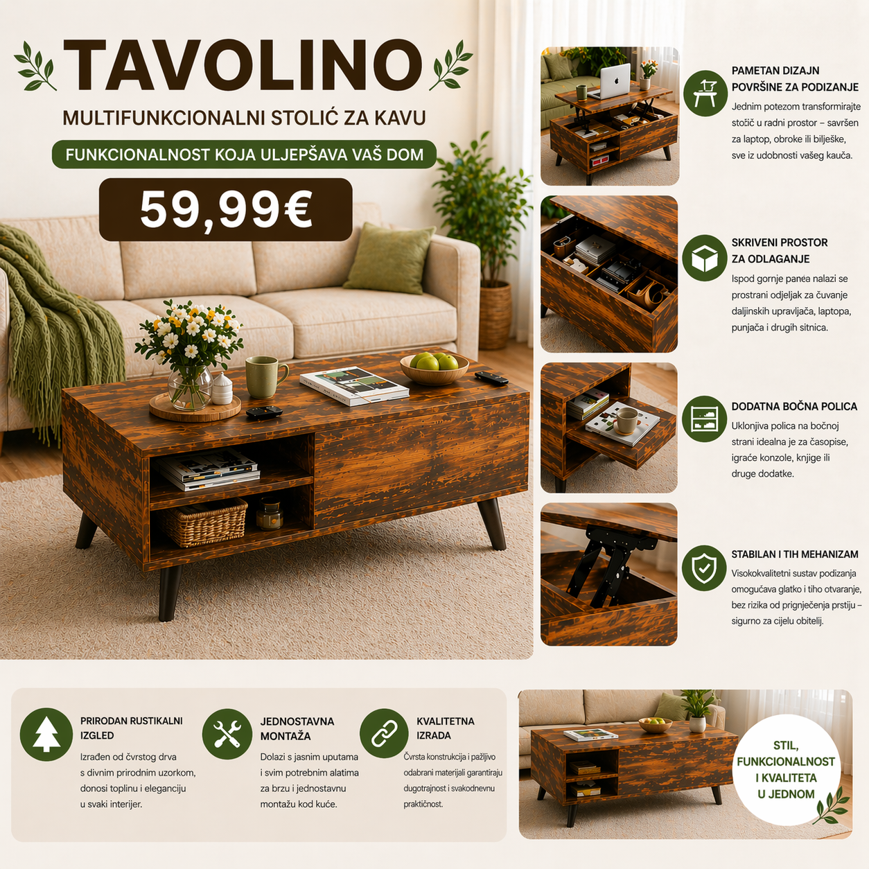 MULTIFUNKCIONALNI DRVENI STOL ZA DNEVNU SOBU-TAVOLINO