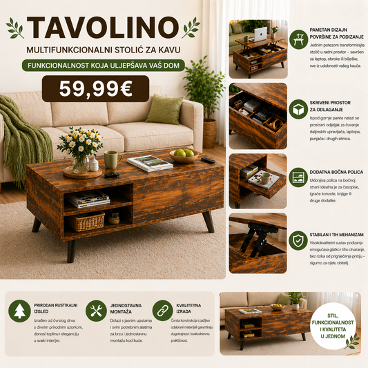 MULTIFUNKCIONALNI DRVENI STOL ZA DNEVNU SOBU-TAVOLINO