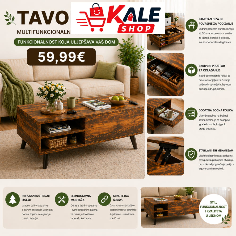 MULTIFUNKCIONALNI DRVENI STOL ZA DNEVNU SOBU-TAVOLINO